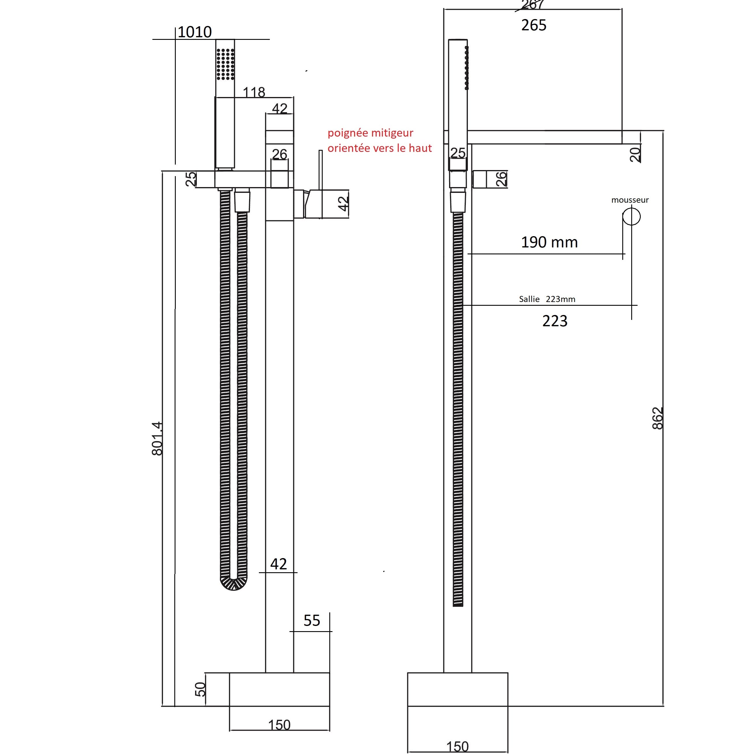 Mitigeur bain-douche sur pied chrome - design cubique