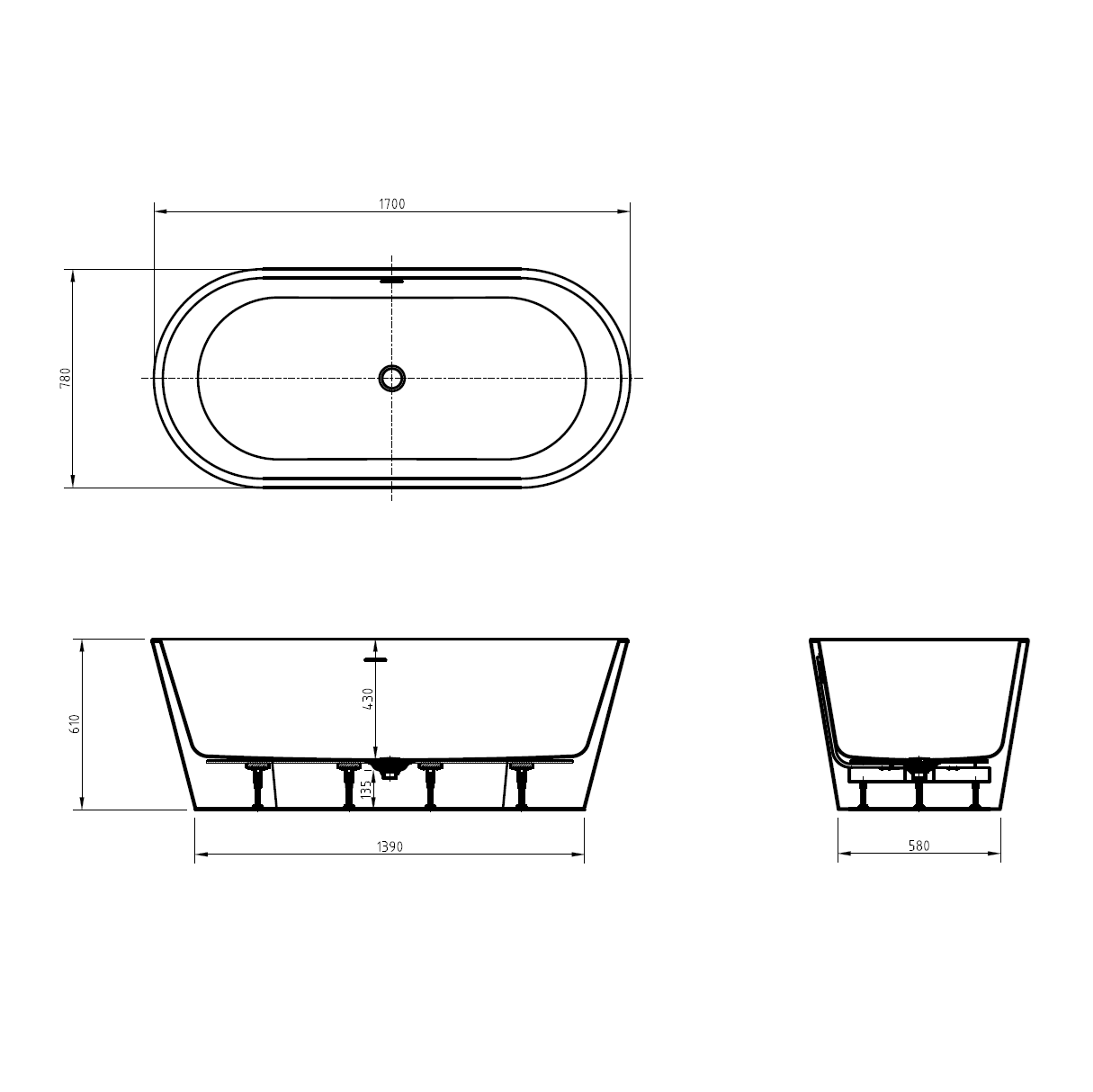 Baignoire îlot ovale 170x78 cm noir mat – Acrylique Lucite