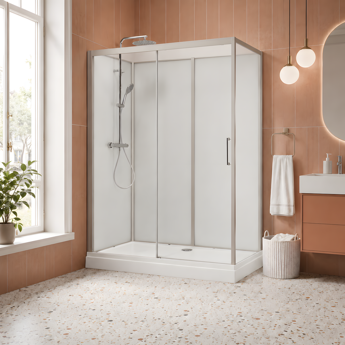 Cabine de douche complète rectangulaire 80 x 170 cm en aluminium poli installée dans une salle de bains