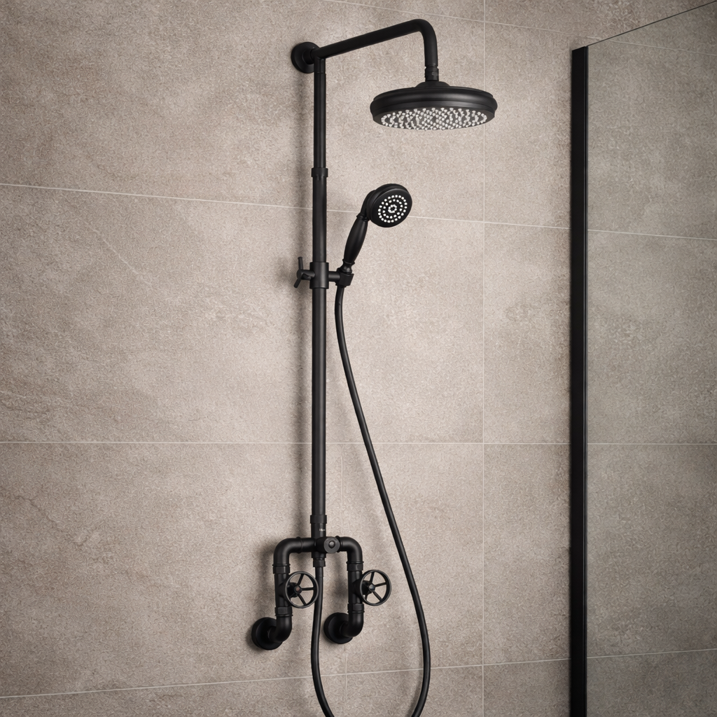 Colonne de douche noire mate style industriel avec poignées vannes installée dans une douche