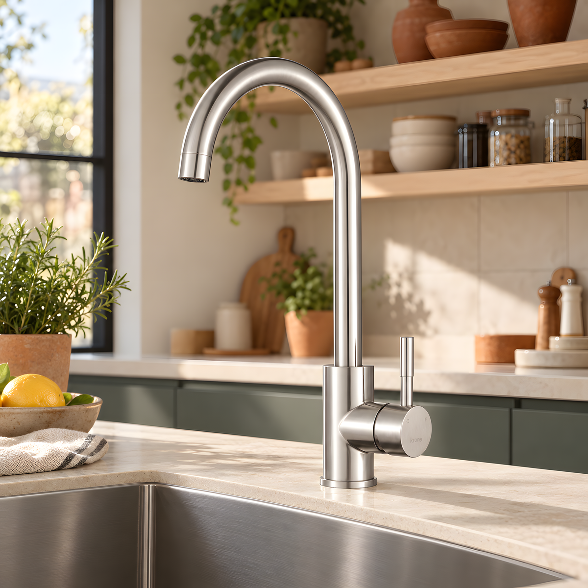 Mitigeur évier en inox brossé avec bec col de cygne mobile installé dans une cuisine