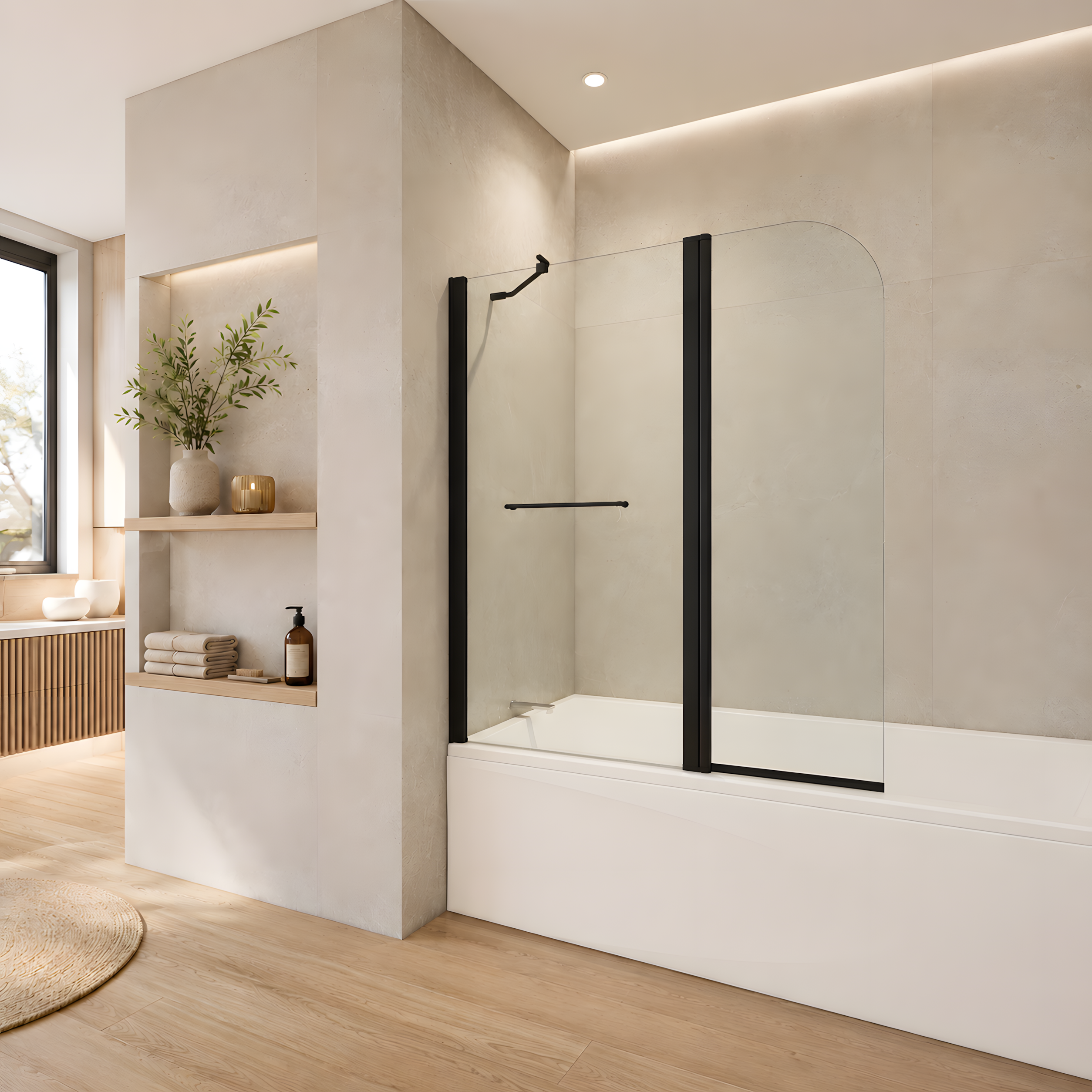 Pare-baignoire 2 volets 120x140 cm en verre transparent finition noir mat
