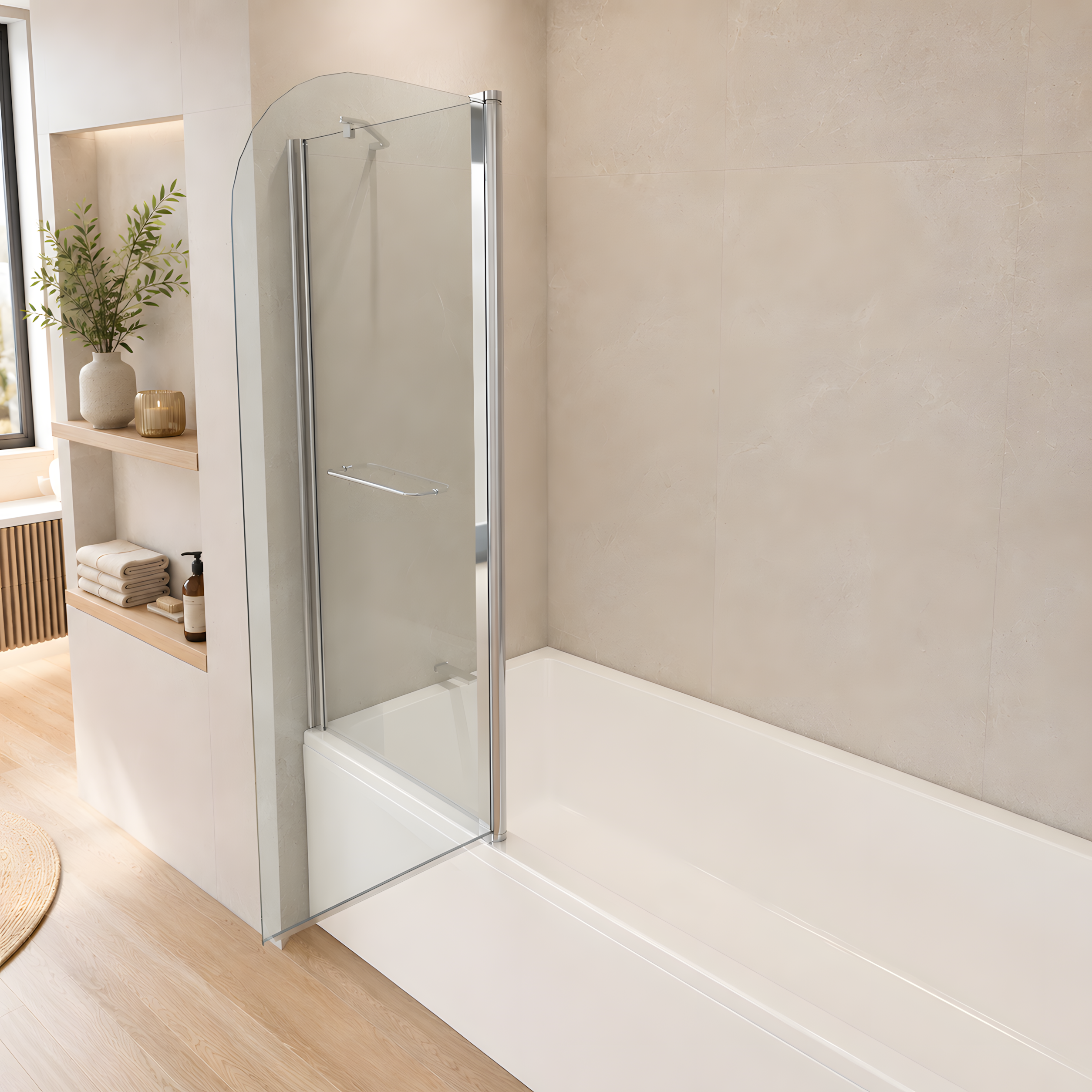 Vue latérale du pare-baignoire 2 volets en aluminium poli avec volet pivotant