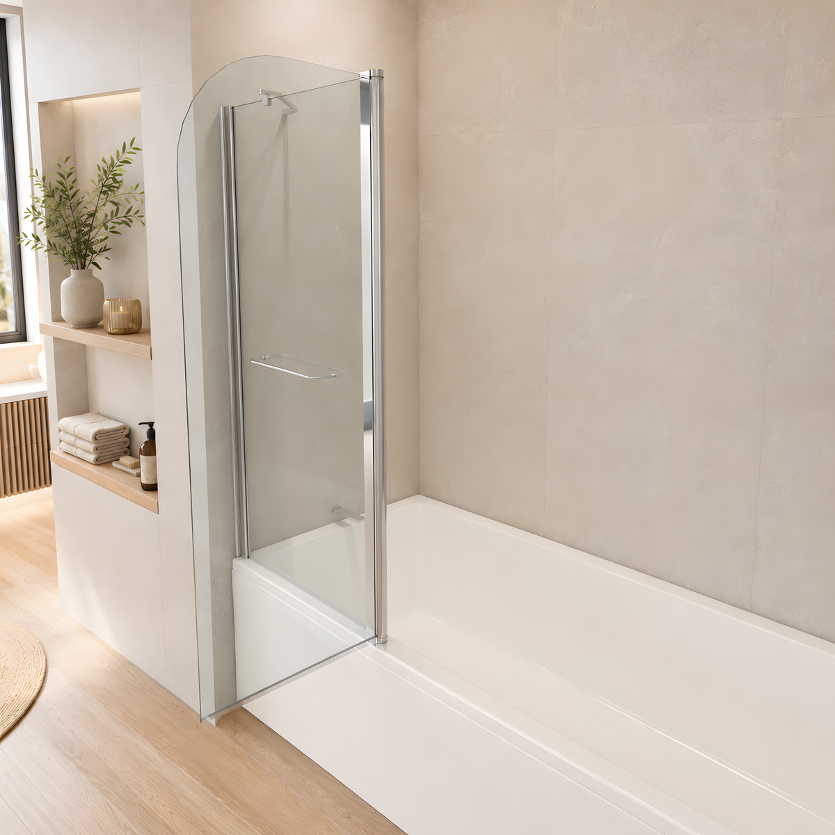 Pare-baignoire 2 volets en aluminium poli avec volet pivotant à 180° ouvert