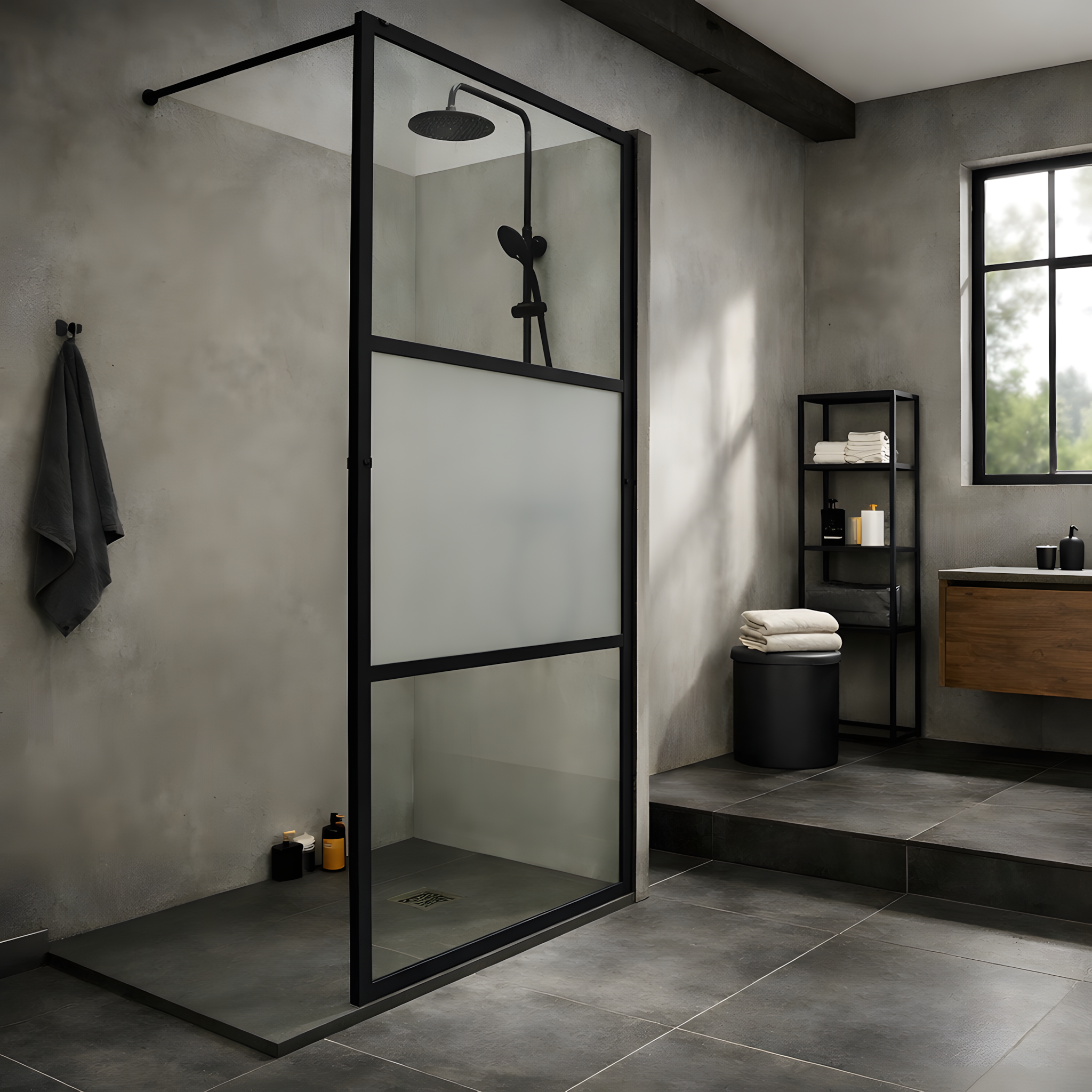 Paroi de douche à l’italienne 3 panneaux 100 x 200 cm noir mat avec panneau central opaque