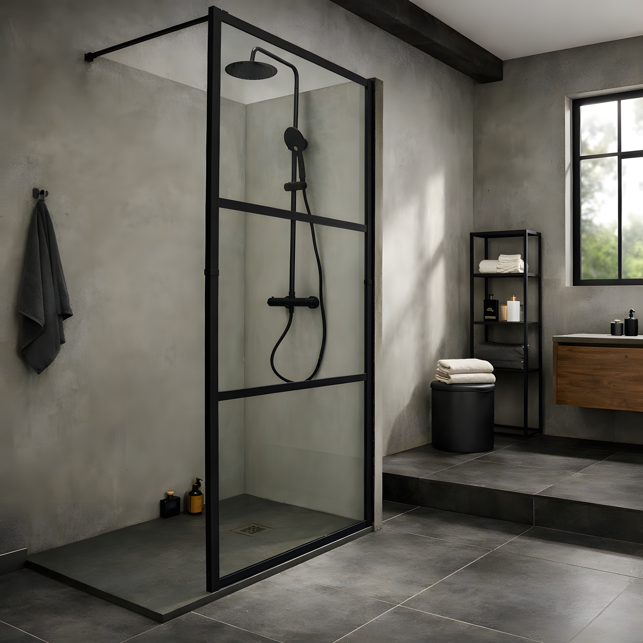Paroi de douche à l’italienne 3 panneaux 100 x 200 cm noir mat avec panneau central transparent