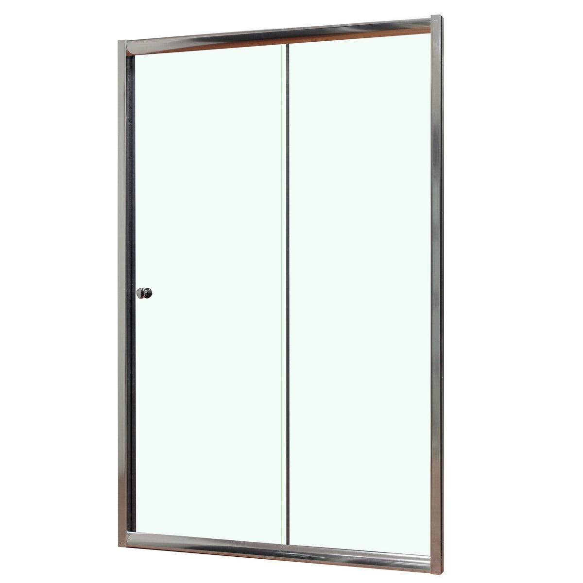 Porte de douche coulissante, verre transparent, profilés finition chrome, sur fond blanc.