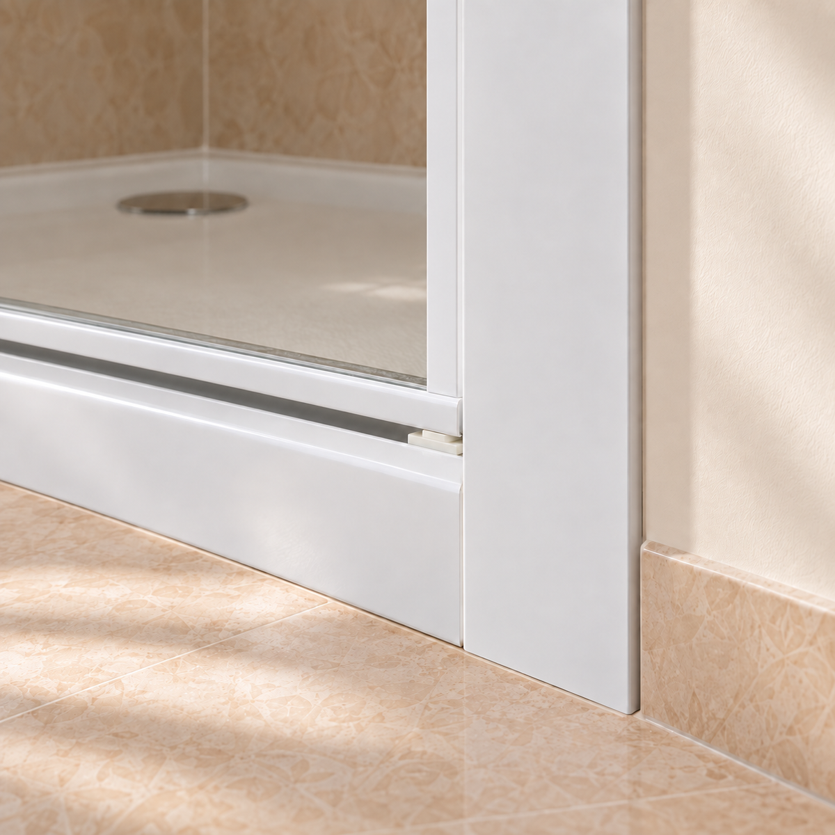 Zoom sur charnières intégrées dans le profilé de la porte pivotante blanche.