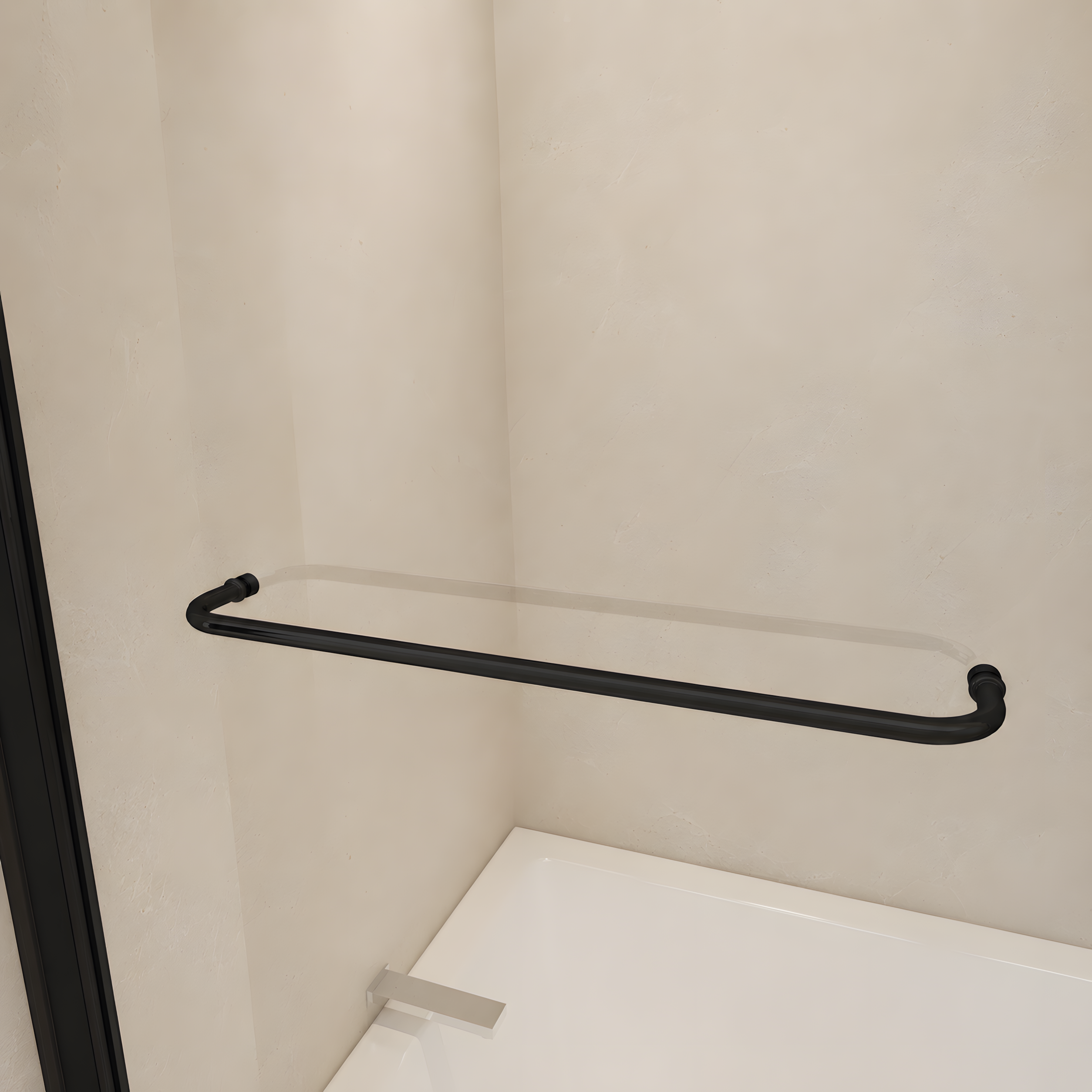 Porte-serviette noir mat positionné sur le volet fixe du pare-baignoire