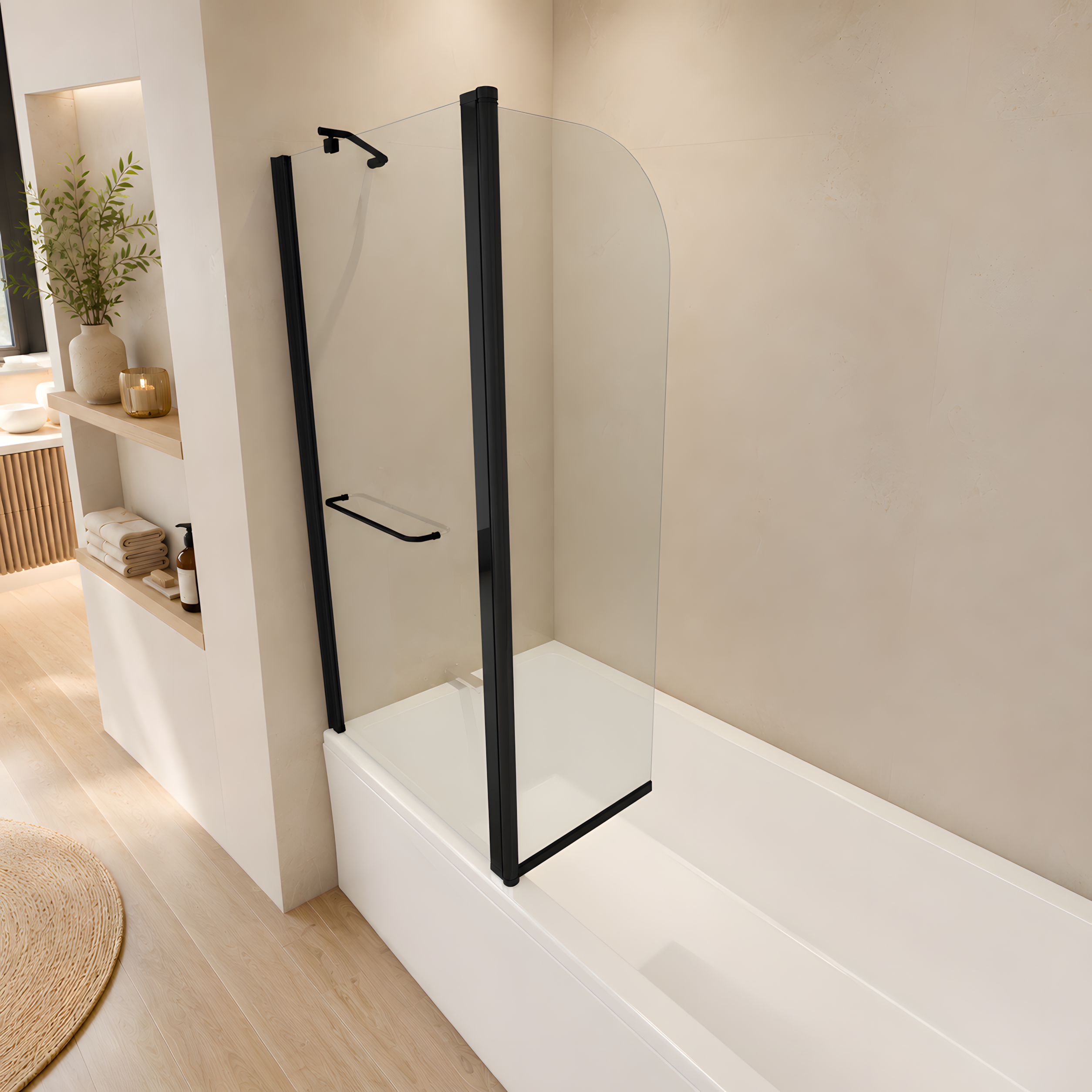 Vue latérale du pare-baignoire 2 volets noir mat avec volet pivotant