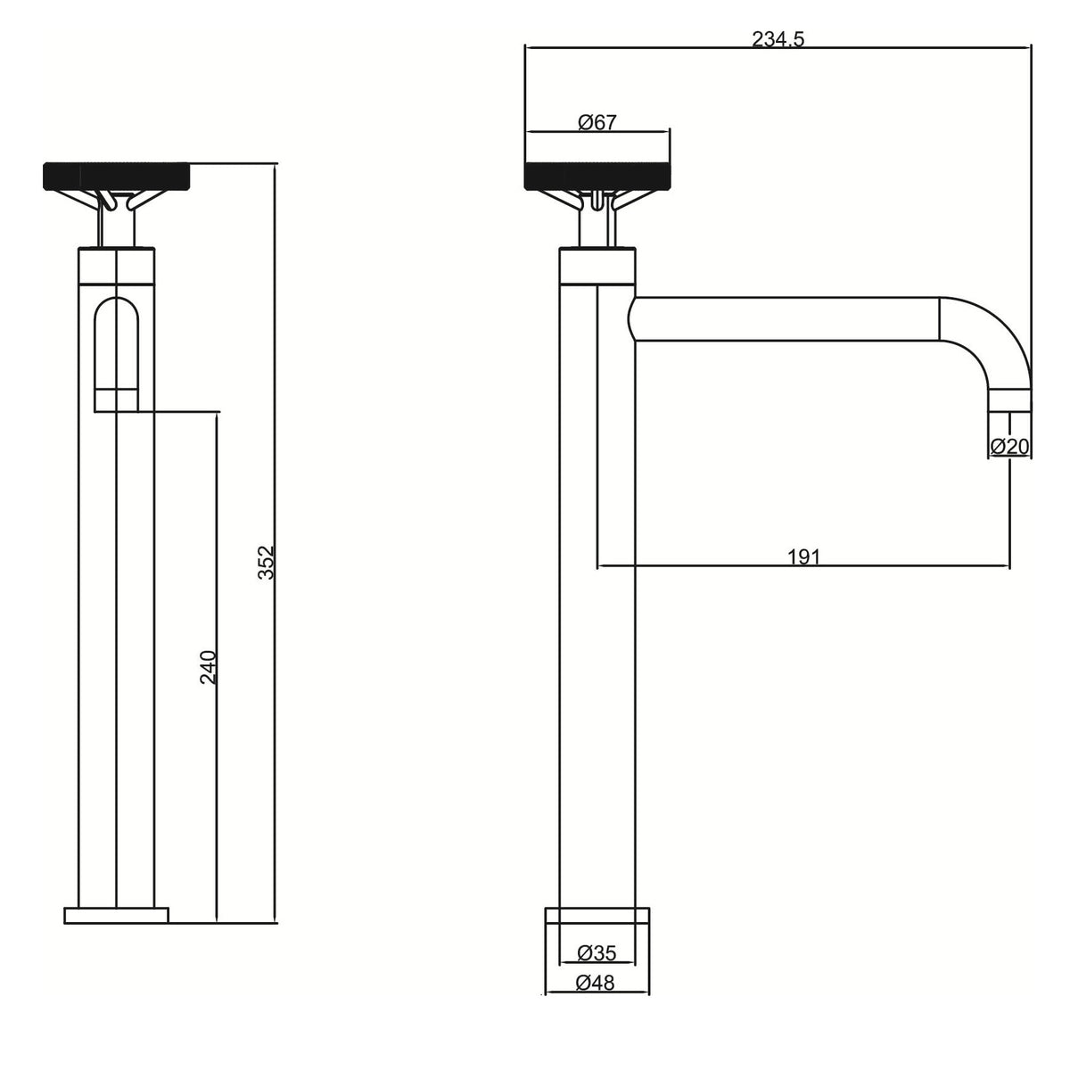 Schéma technique du mitigeur lavabo haut industriel noir mat avec dimensions