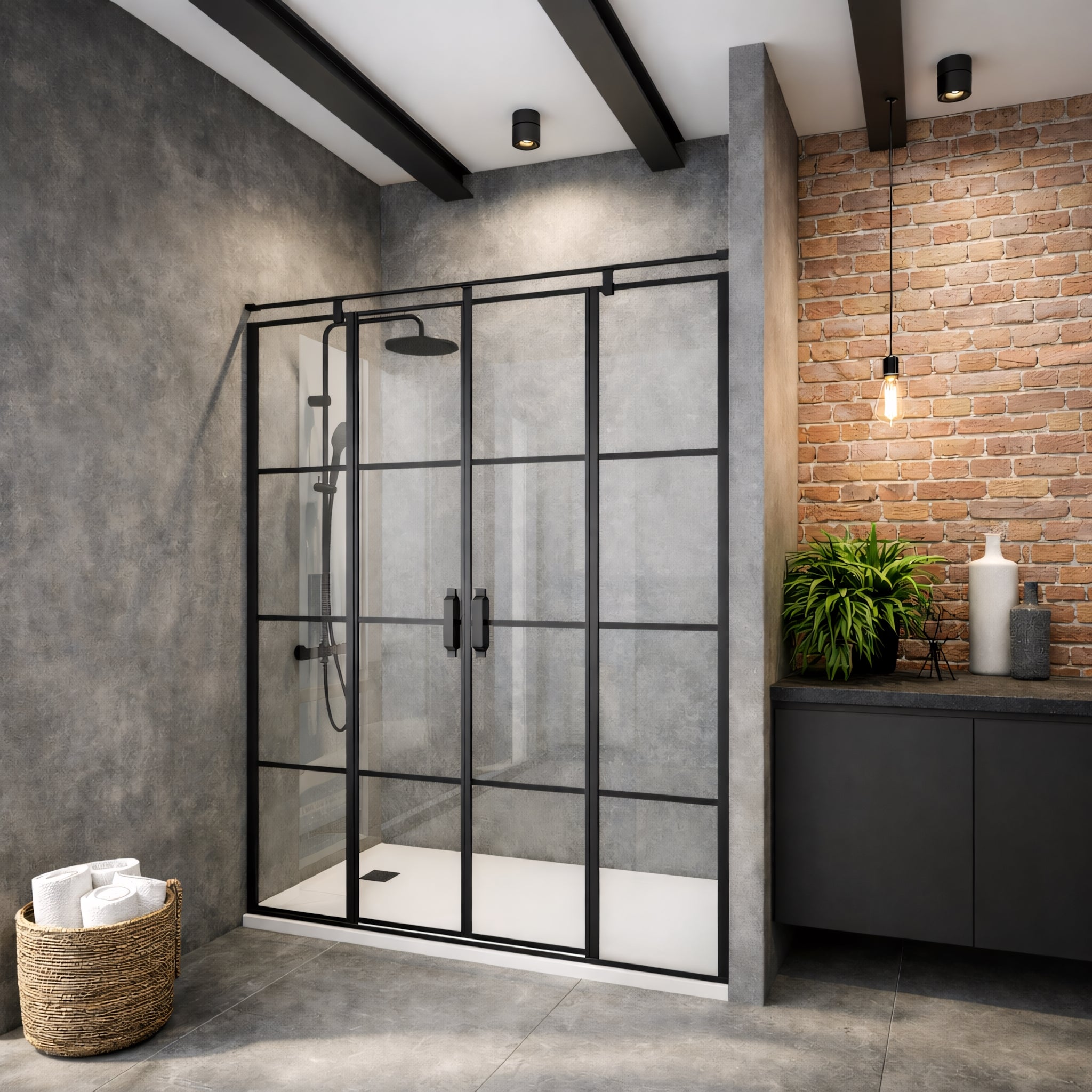 Paroi de douche verrière industrielle 160x200 cm – 2 portes pivotantes – Noir mat