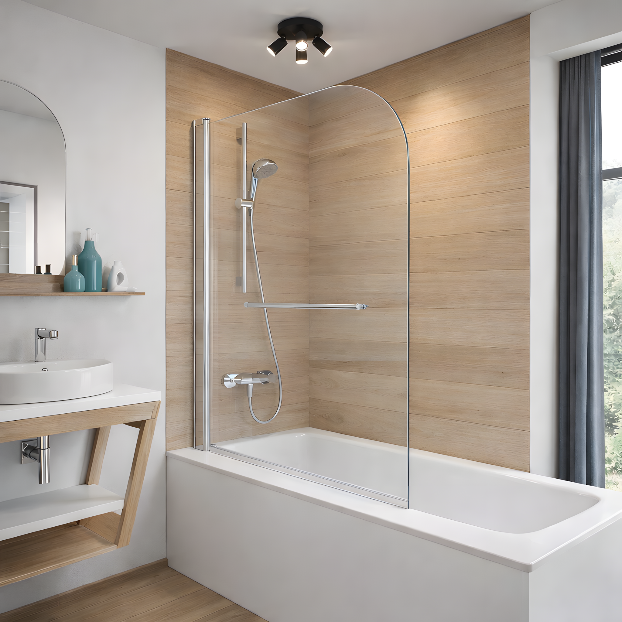 Pare-baignoire pivotant 85x140 cm en aluminium poli avec verre transparent 6 mm et porte-serviette intégré, installé sur une baignoire