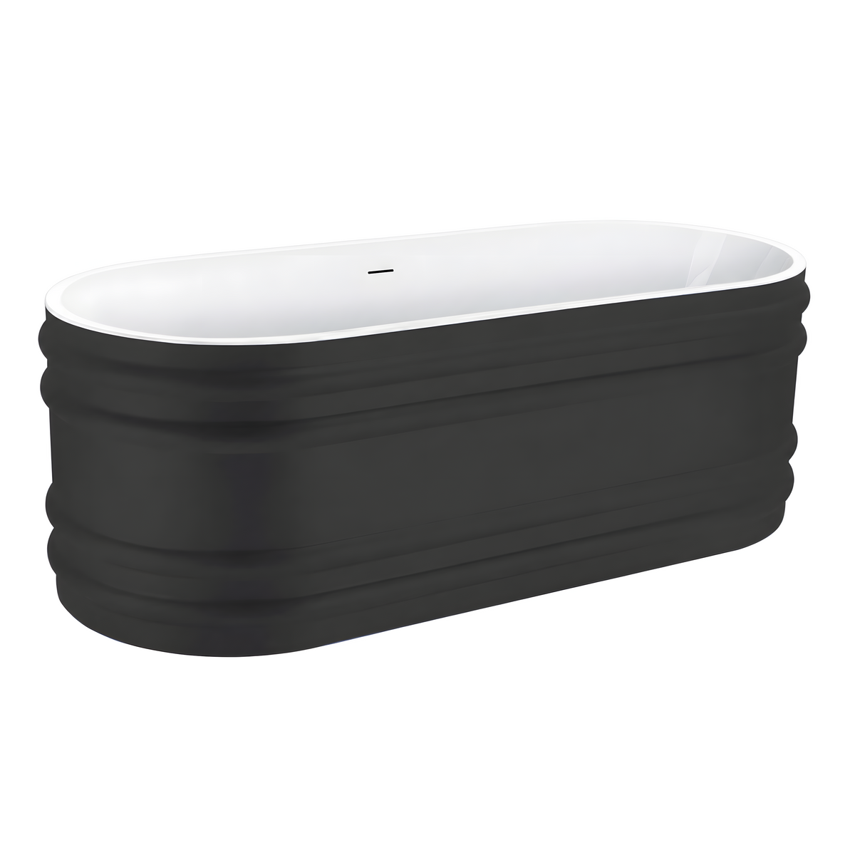 Baignoire îlot ovale 180 x 80 cm avec extérieur noir mat, intérieur blanc brillant et reliefs horizontaux