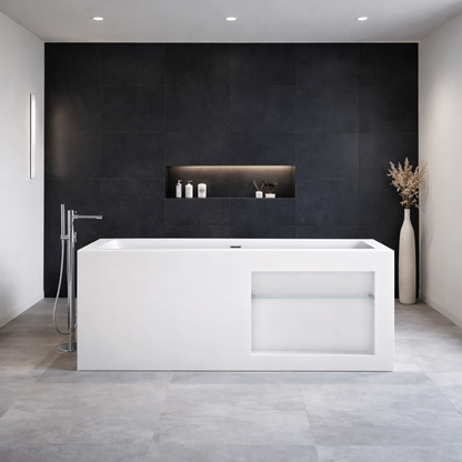 Baignoire îlot rectangulaire 170 x 80 cm en acrylique blanc brillant avec rangement intégré côté droit, installée dans une salle de bains