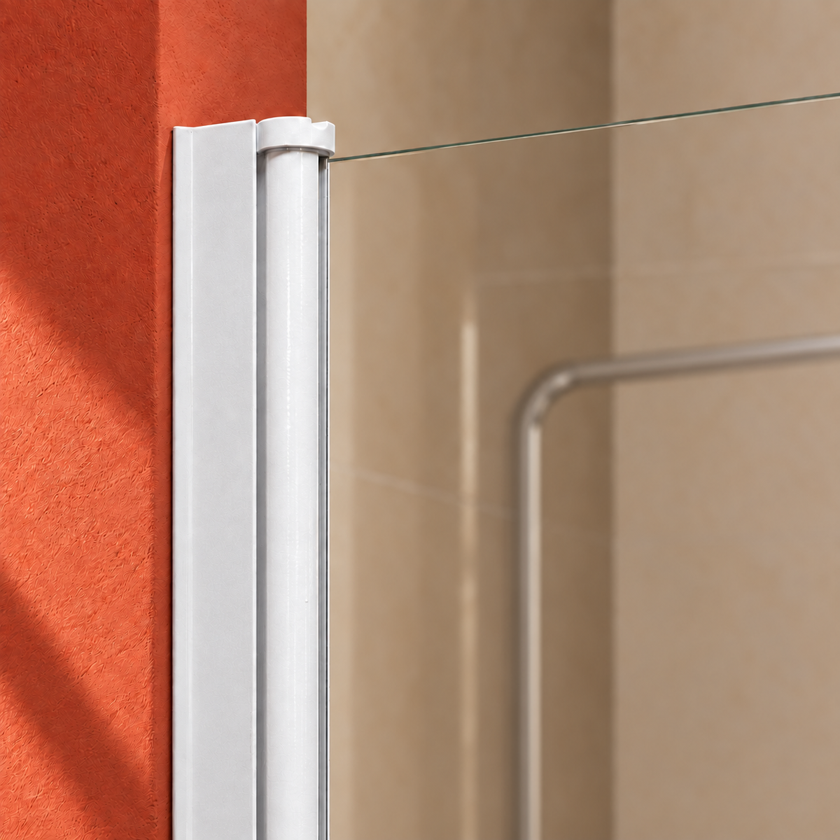 Détail de la charnière rouleau d’une porte de douche pivotante avec profilé finition blanche