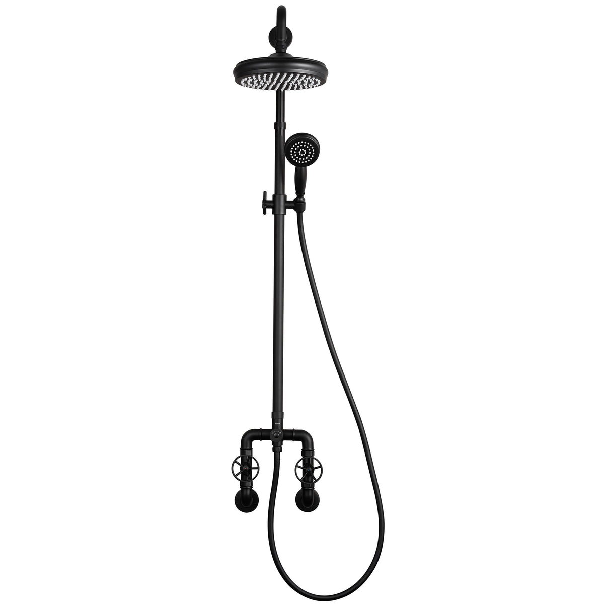 Colonne de douche noire mate style industriel avec tête de douche ronde et douchette à main