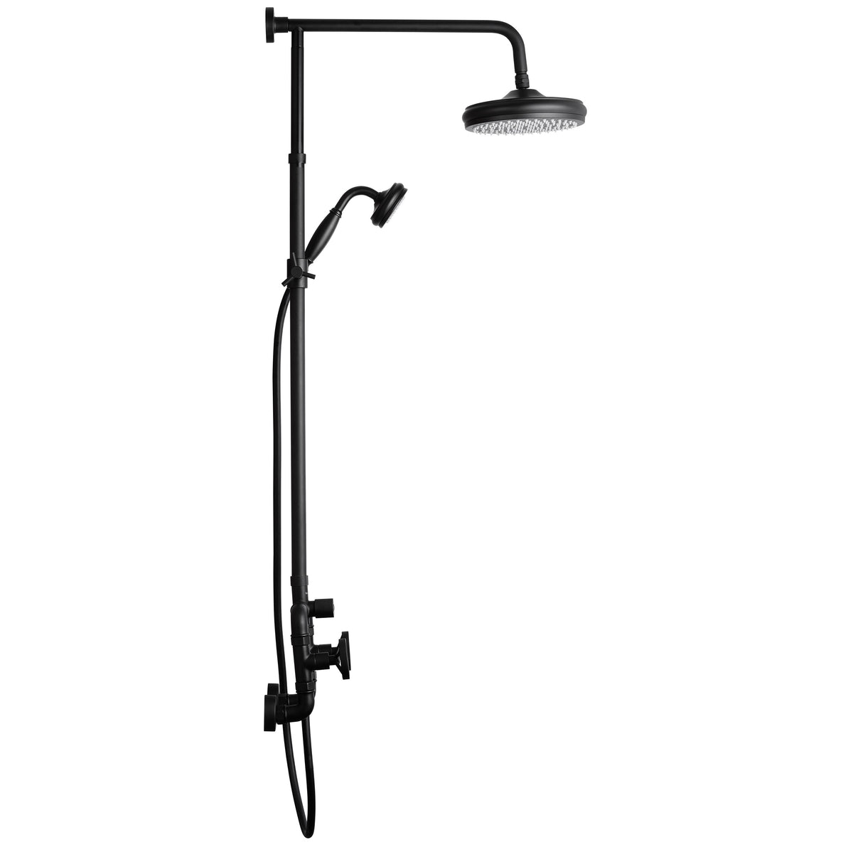 Vue de profil de la colonne de douche noire mate avec bras supérieur et douchette