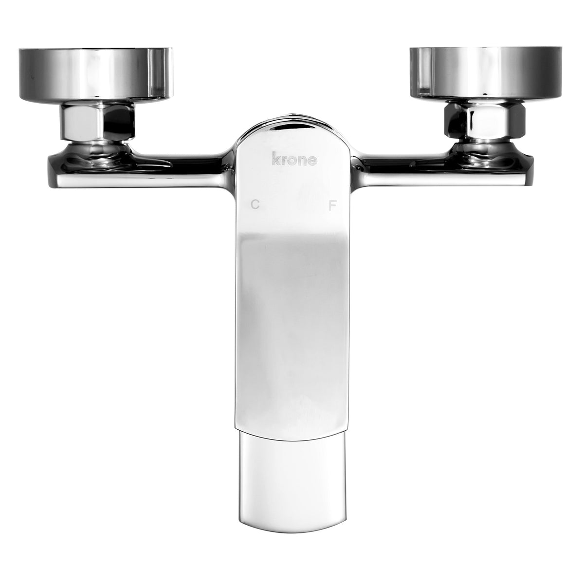 Vue arrière du mitigeur bain-douche chromé avec raccords et rosaces murales