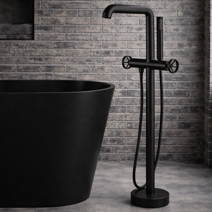 Mélangeur bain-douche sur pied industriel - noir mat – poignées vannes