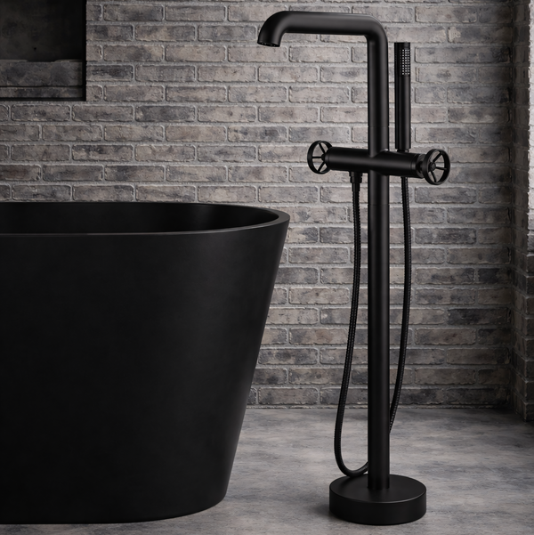 Mélangeur bain-douche sur pied industriel - noir mat – poignées vannes