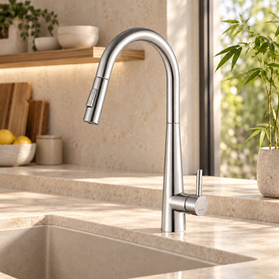 Mitigeur évier en inox brossé avec douchette extractible installé dans une cuisine