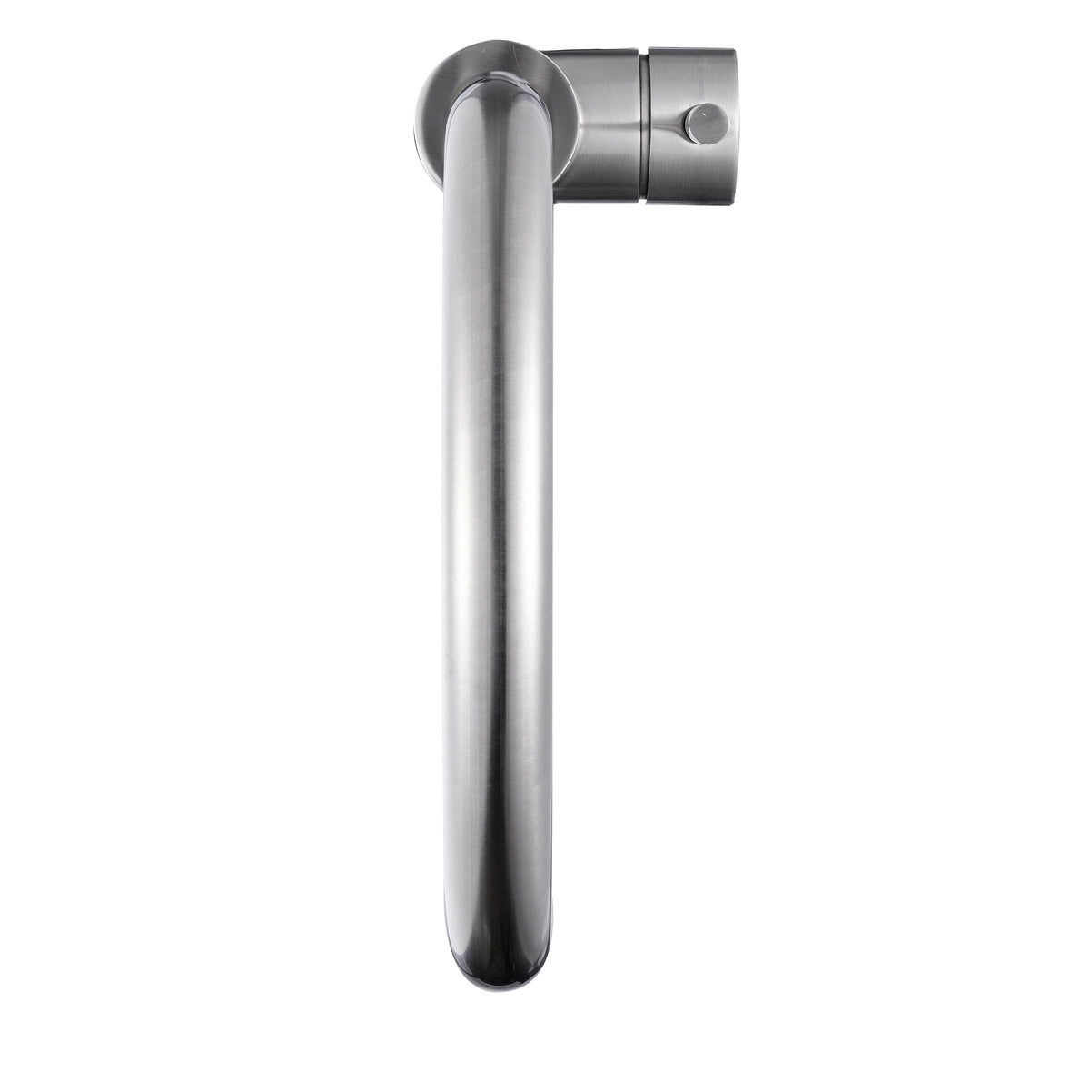 Vue latérale du mitigeur évier en inox brossé avec bec col de cygne et commande cylindrique