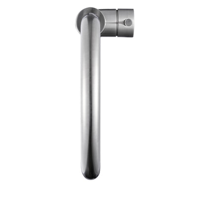 Vue latérale du mitigeur évier en inox brossé avec bec col de cygne et commande cylindrique