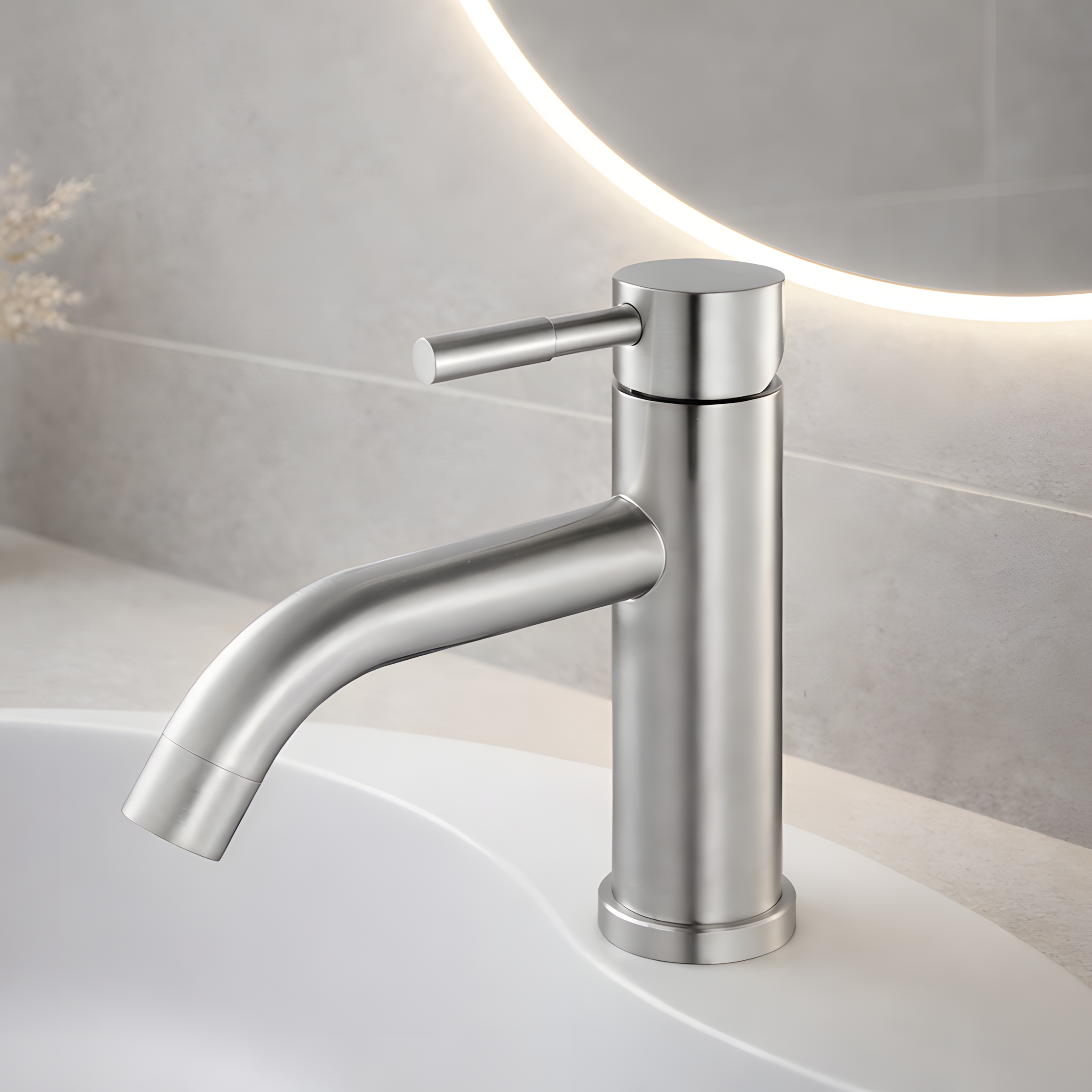 Mitigeur lavabo inox brossé - manette cylindrique - bec incliné