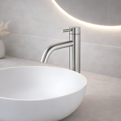 Mitigeur lavabo haut inox brossé - manette cylindrique - bec incliné