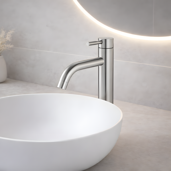 Mitigeur lavabo haut inox brossé - manette cylindrique - bec incliné