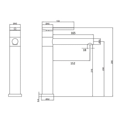 Mitigeur lavabo haut inox brossé - manette cylindrique - bec droit