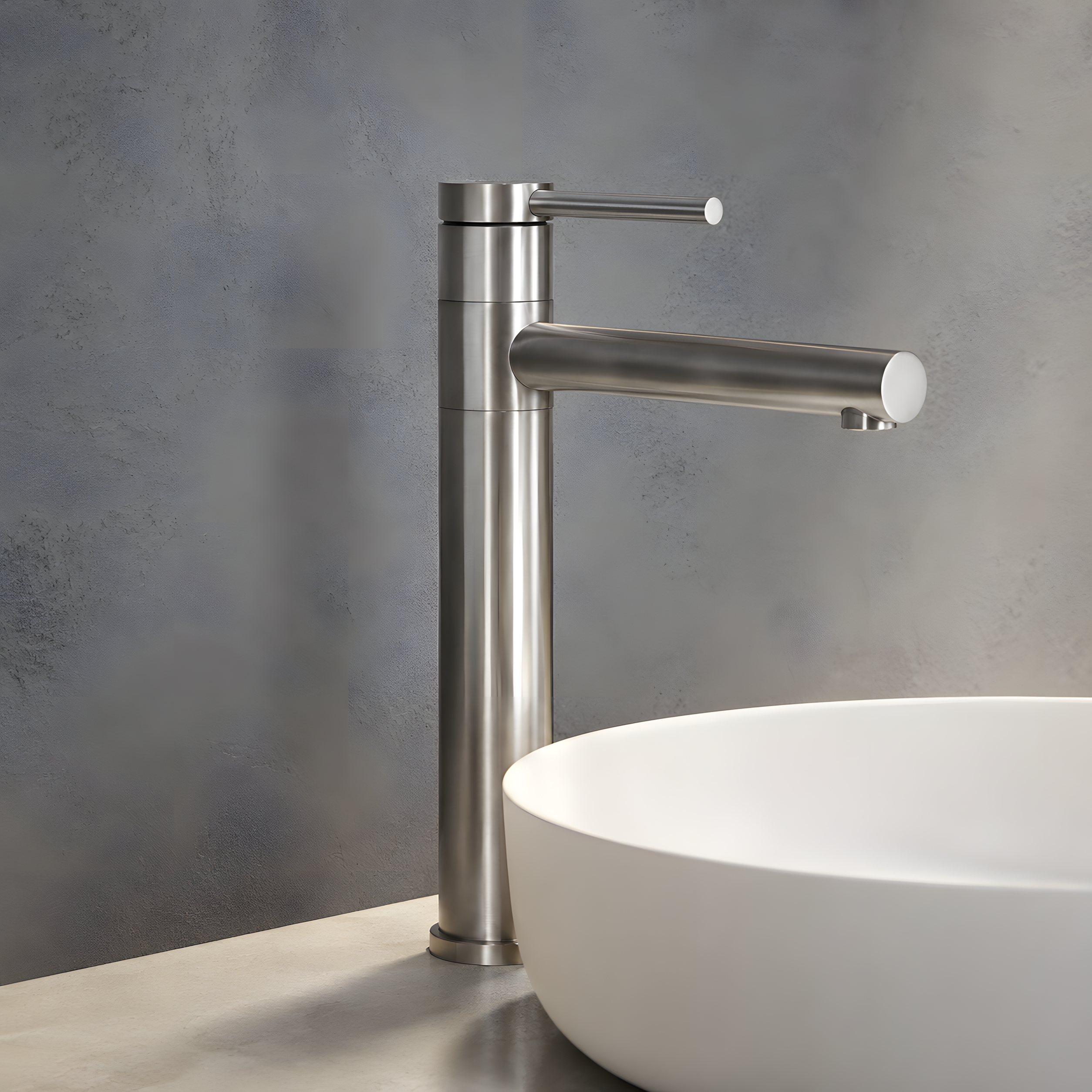 Mitigeur lavabo haut inox brossé - manette cylindrique - bec droit