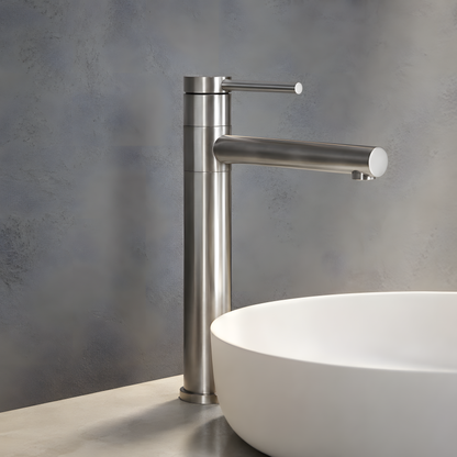 Mitigeur lavabo haut inox brossé - manette cylindrique - bec droit