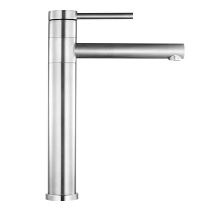 Mitigeur lavabo haut inox brossé - manette cylindrique - bec droit