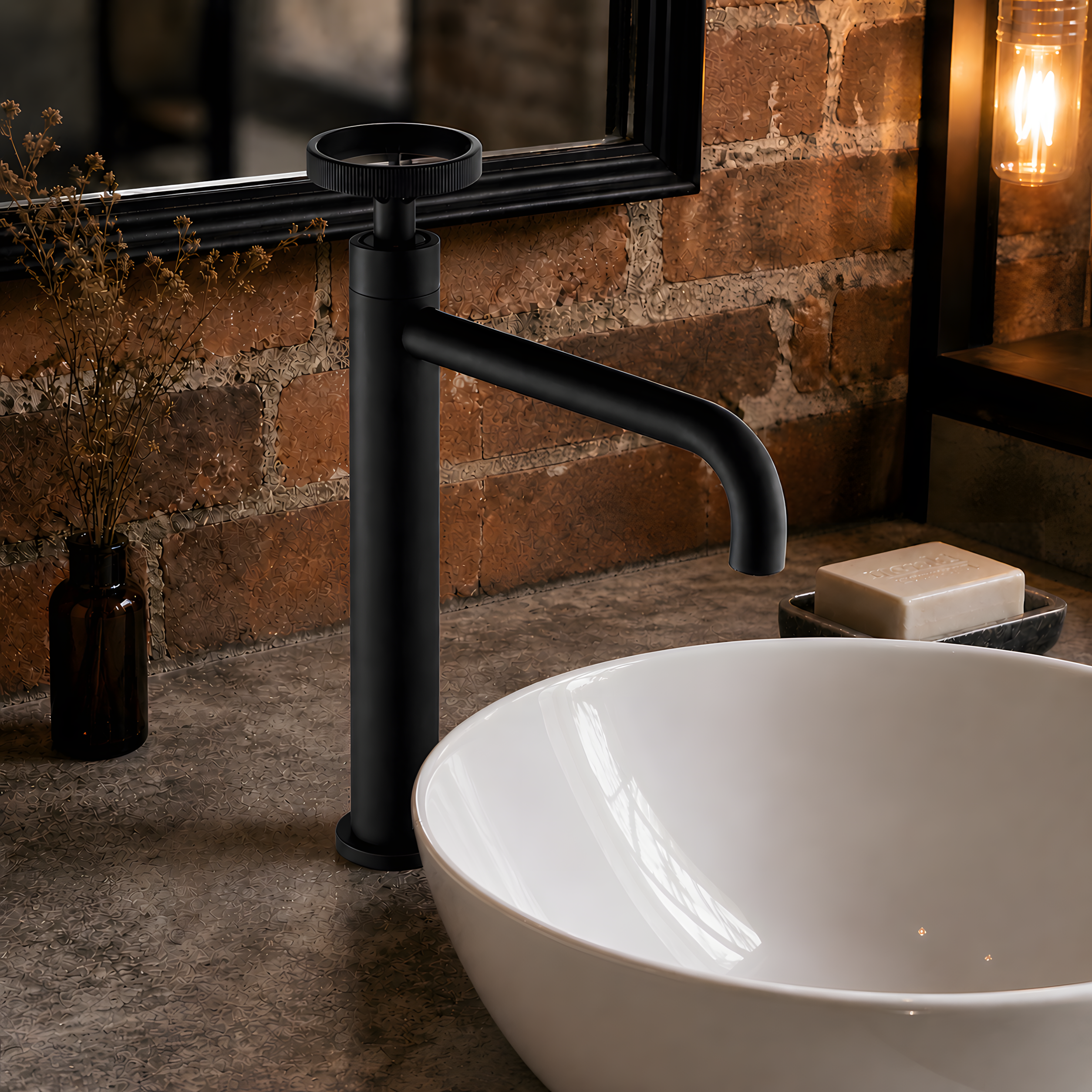 Mitigeur lavabo haut industriel - Noir mat - Poignée vanne