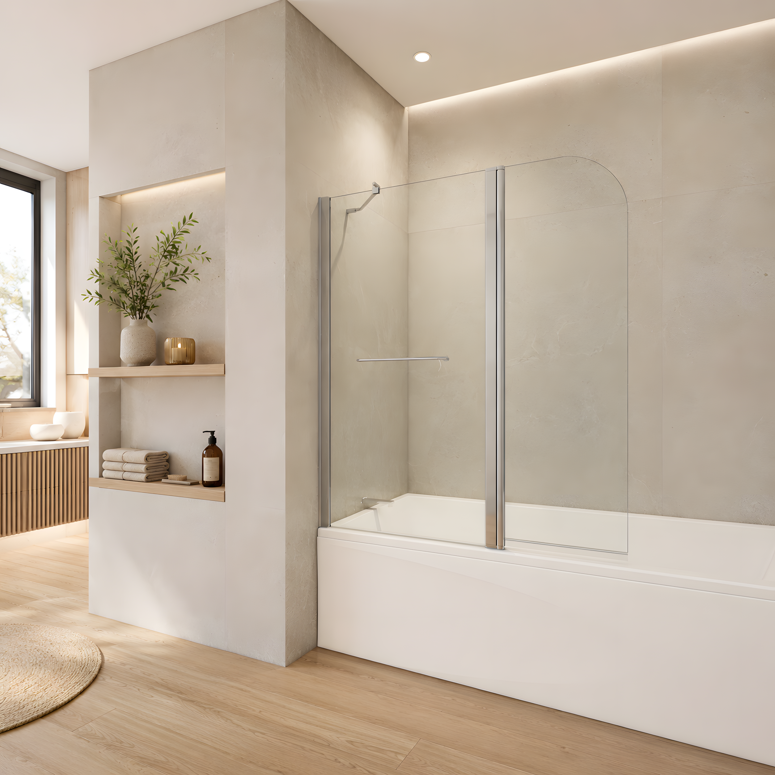 Pare-baignoire 2 volets 120x140 cm en verre transparent finition aluminium poli