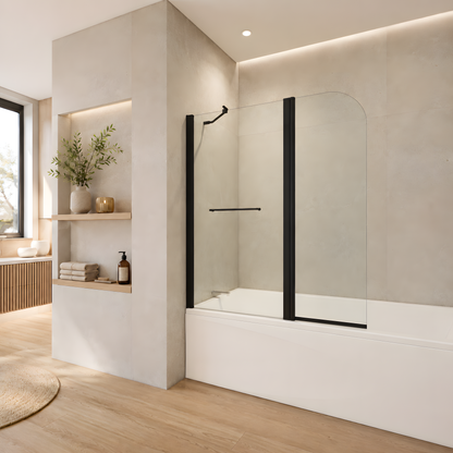 Pare-baignoire 2 volets 120x140 cm en verre transparent finition noir mat