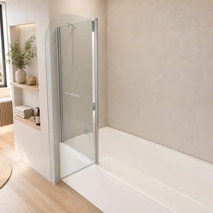 Vue latérale du pare-baignoire 2 volets en aluminium poli avec volet pivotant