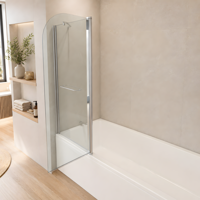 Pare-baignoire 2 volets en aluminium poli avec volet pivotant à 180° ouvert