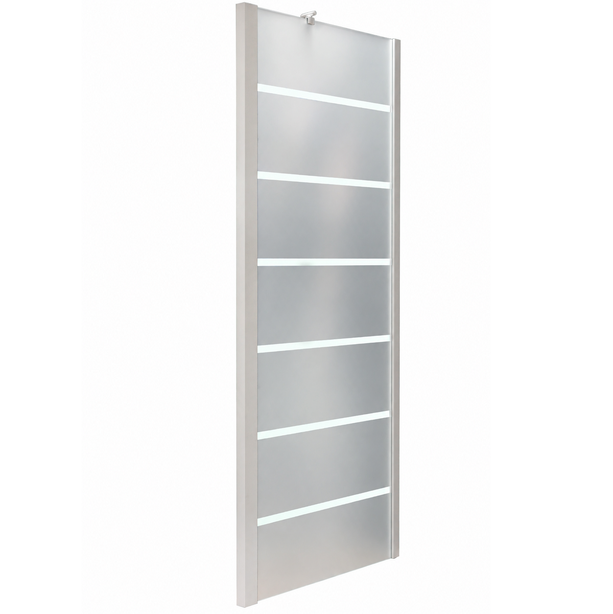 Paroi latérale pour porte de douche pivotante, profilés blancs et verre sérigraphié à bandes horizontales fond blanc. 