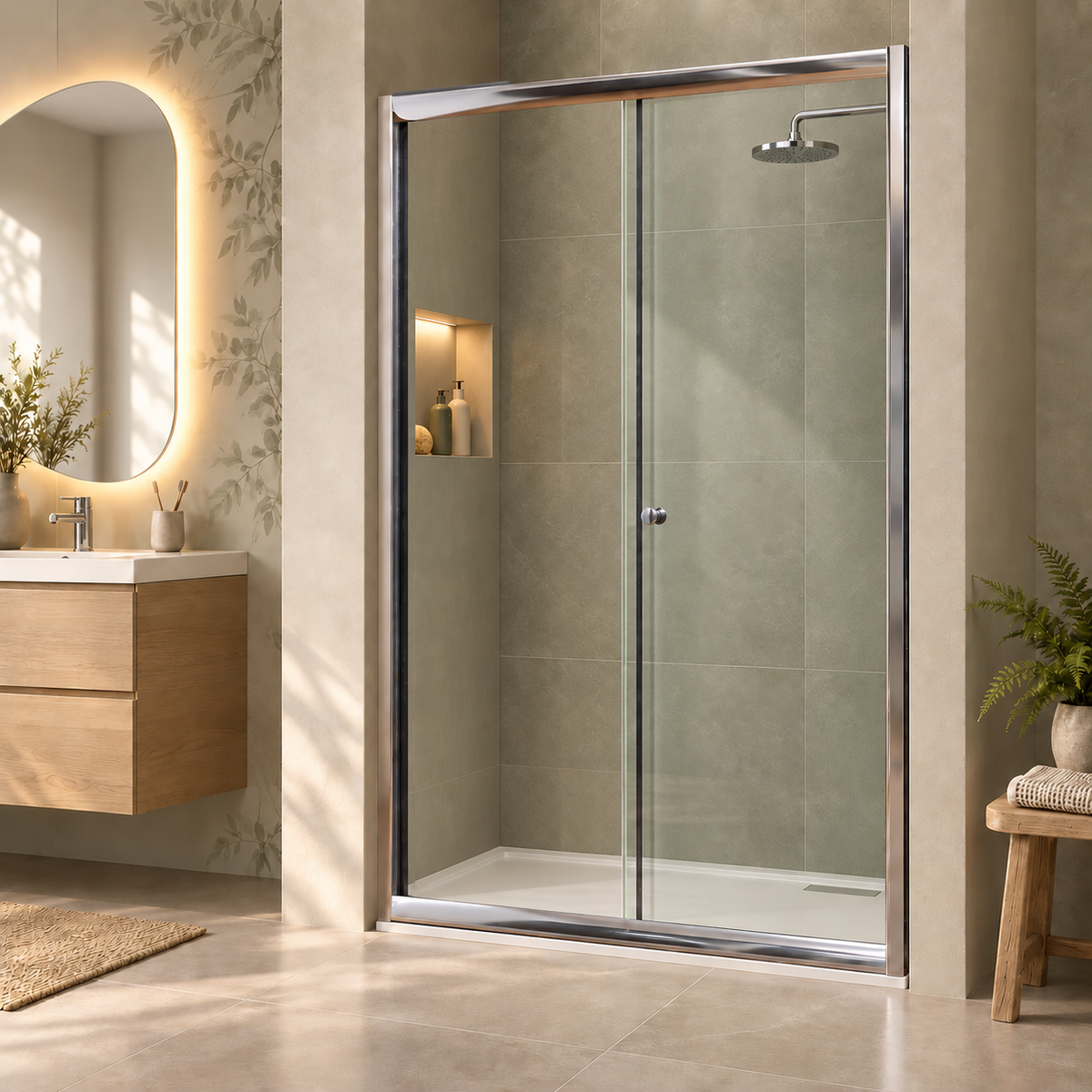 Porte de douche coulissante, verre transparent, profilés finition chrome, ambiance salle de bains, avec la porte ouverte. 