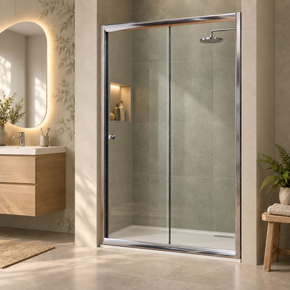 Porte de douche coulissante, verre transparent, profilés finition chrome, ambiance salle de bains. 