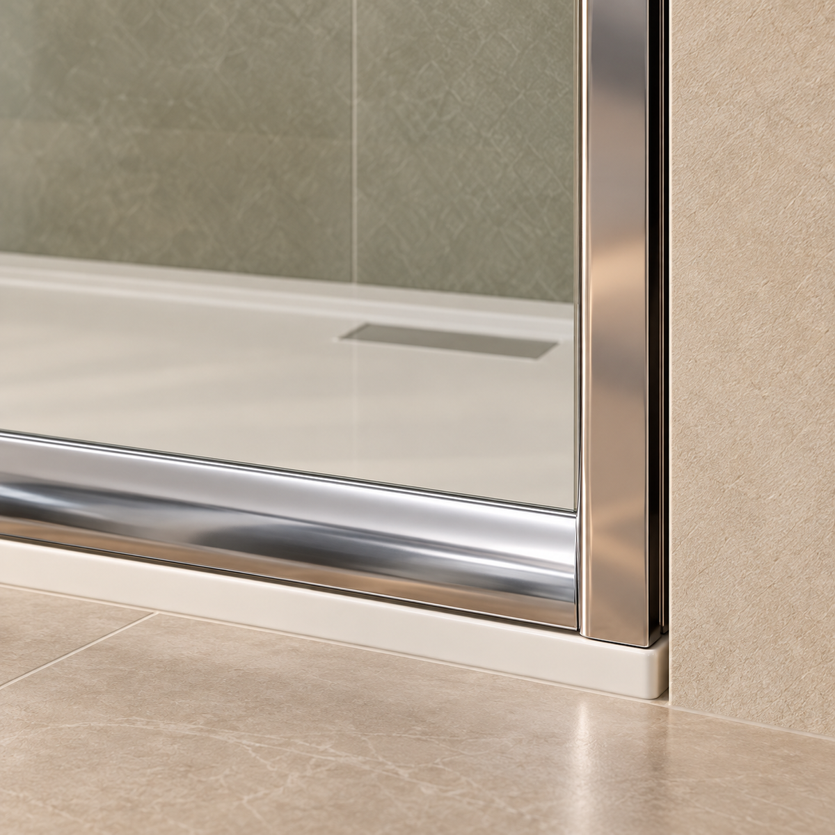 Porte de douche coulissante, verre transparent, profilés finition chrome, ambiance salle de bains, zoom sur les profilés chrome. 