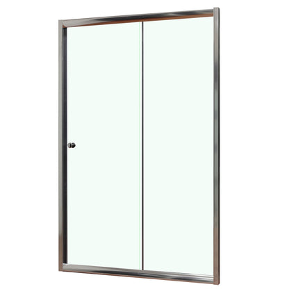 Porte de douche coulissante, verre transparent, profilés finition chrome, sur fond blanc.