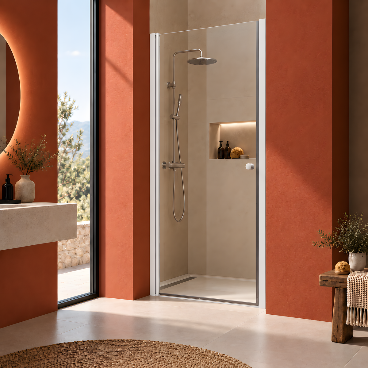 Porte de douche pivotante en verre transparent avec profilés blancs installée dans une salle de bains