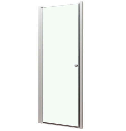 Porte de douche pivotante en verre transparent avec profilés blancs, vue sur fond blanc
