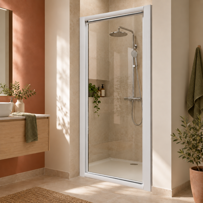 Porte douche pivotante finition blanche et verre transparent, charnières intégrés dans le profil et profil poignée dans une ambiance de salle de bains. 