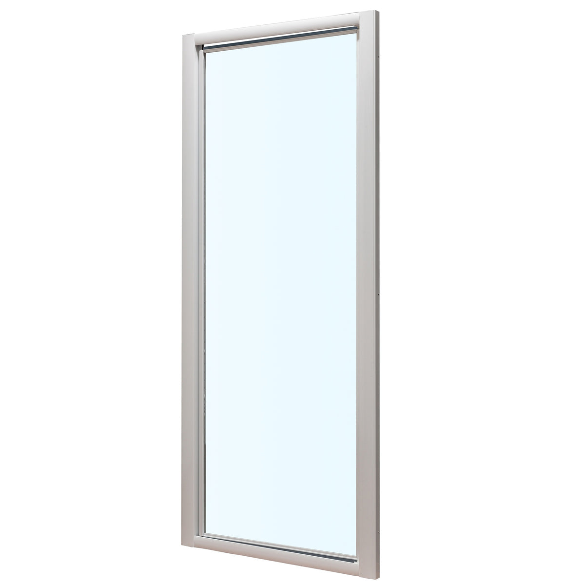 Porte douche pivotante finition blanche et verre transparent, charnières intégrés dans le profil et profil poignée sur un fond blanc.