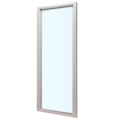Porte douche pivotante finition blanche et verre transparent, charnières intégrés dans le profil et profil poignée sur un fond blanc.